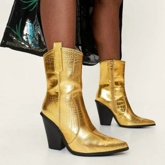 Boohoo Shoes Bello Star Metallic Gold Croc Embossed Ankle